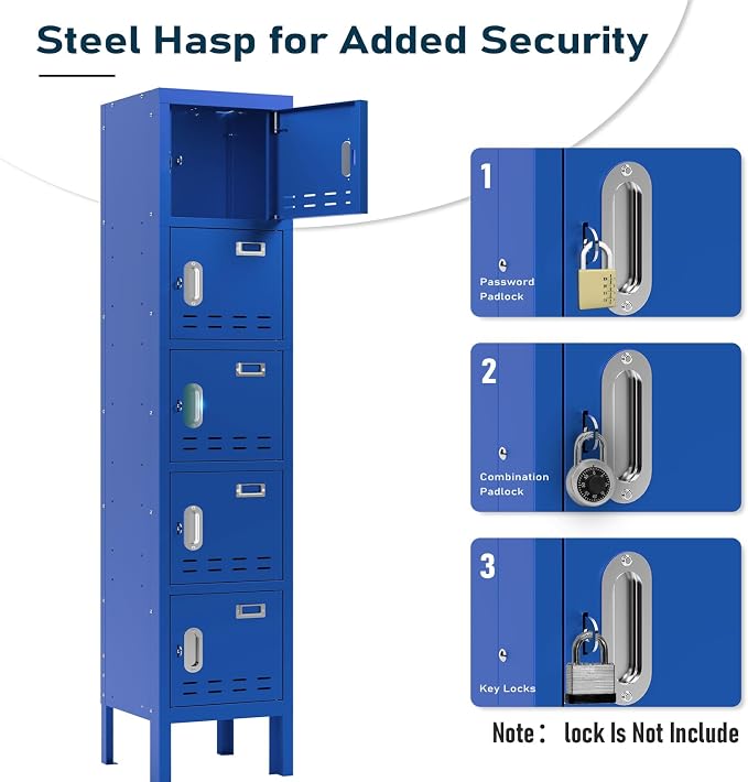 BUTISOW Metal Storage Locker with Lock & Card Slot Locker - Secure Lockable Door - Steel Locker for School, Office, Gym, Home - 66.15" H x 11.8" W x 11.8" D（5 Door, Blue）