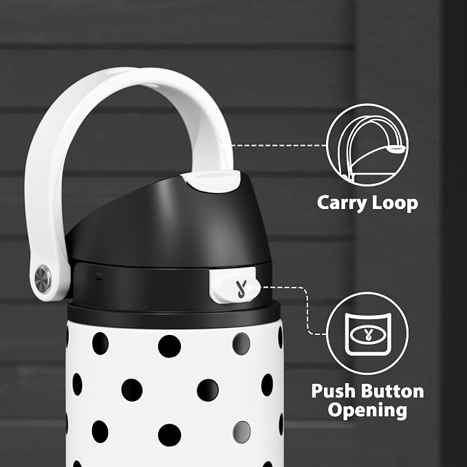 24 oz Insulated Water Bottle with Straw: Meoky Stainless Steel Metal Water Bottle with 2-in-1 Lid - Leak Proof, Cold for 24 Hours, Fits in Car Cup Holder, BPA-Free for Sports Travel Car, Polka Dot