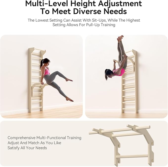Swedish ladder wall gym adult & Pull Up Bar Gymnastics Bar – Ultimate Wall Bars for Exercise with Adjustable Dip Bar Attachment,Moves wall bars, Wood Stall Bars for Home, Calisthenics, Physical Therapy and Kids Training