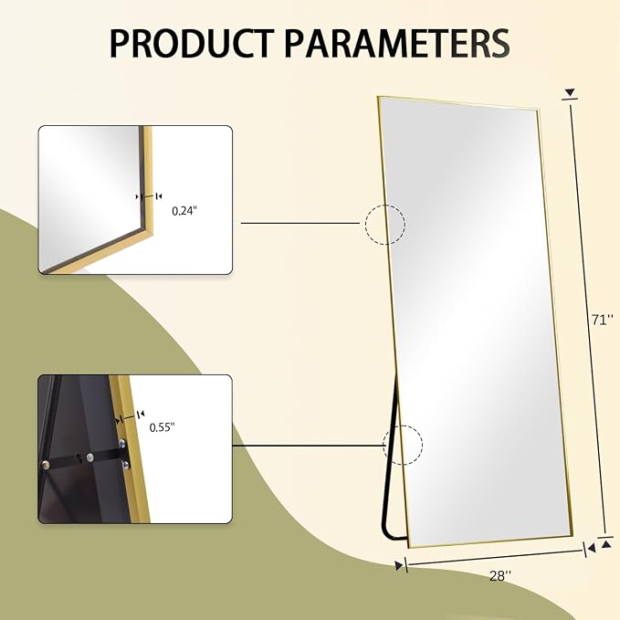 BEAUTYPEAK Full Length Mirror, 71"x26" Floor Mirrors, Gold | Standing Hanging or Leaning Against Wall Body Dressing Wall-Mounted Mirror with Aluminum Alloy Thin Frame for Living Room
