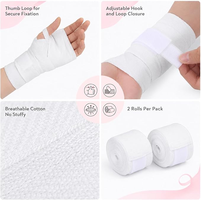 2 Pcs White Hand Wraps Boxing Hand Wraps, Elastic Wrist Support Straps 236" | Extra-Long Gauze Wraps with Thumb Loop And Hook Closure for Boxing Muay Thai Kickboxing Sparring Training