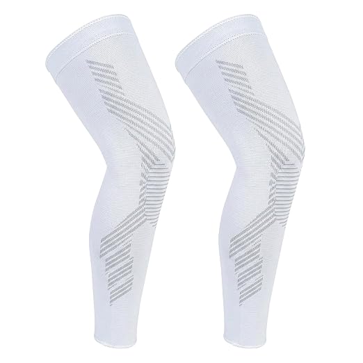 Full Leg Compression Sleeves for Men and Women,2 Pack Legs Sleeves Long Knee Brace Support for Running, Basketball, Cycling, Workout, Sports - White,L