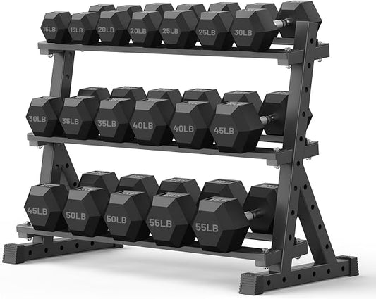 PAPABABE Dumbbell Set with Rack Dumbbells Rubber Encased Home Gym | PAPABABE Complete & Durable Cast Iron Core Odorless PVC Antiroll Hex Shape Ergonomic Chrome Handle Versatile Home Gym