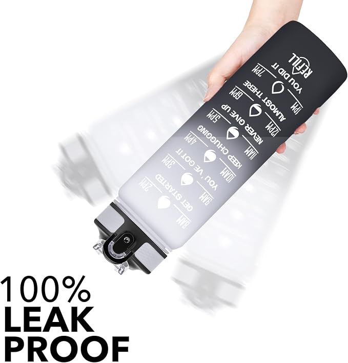 Hyeta Water Bottle with Straw & Time Marker, Plastic 32oz Leakproof | Motivational Tritan BPA Free Gym Office Outdoor Intake Tracker Hourly Reminder Straw Lid Carry Strap