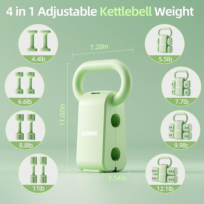 Lightweight Adjustable Dumbbell Kettlebell Set - 4 in 1 Free Weight Set with Kettlebell Grip Converter, Each 2.2 3.3 4.4 5.5lb Quick Change Weight Women Dumbbell Set for Small Spaces Home Gym