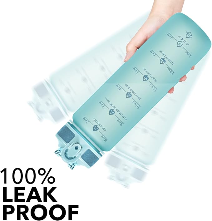 Hyeta Plastic Water Bottle With Straw & Time Marker, 32oz Leakproof Jug | Motivational Tritan BPA Free Gym Office Outdoor Intake Tracker Hourly Reminder Straw Lid Lightweight