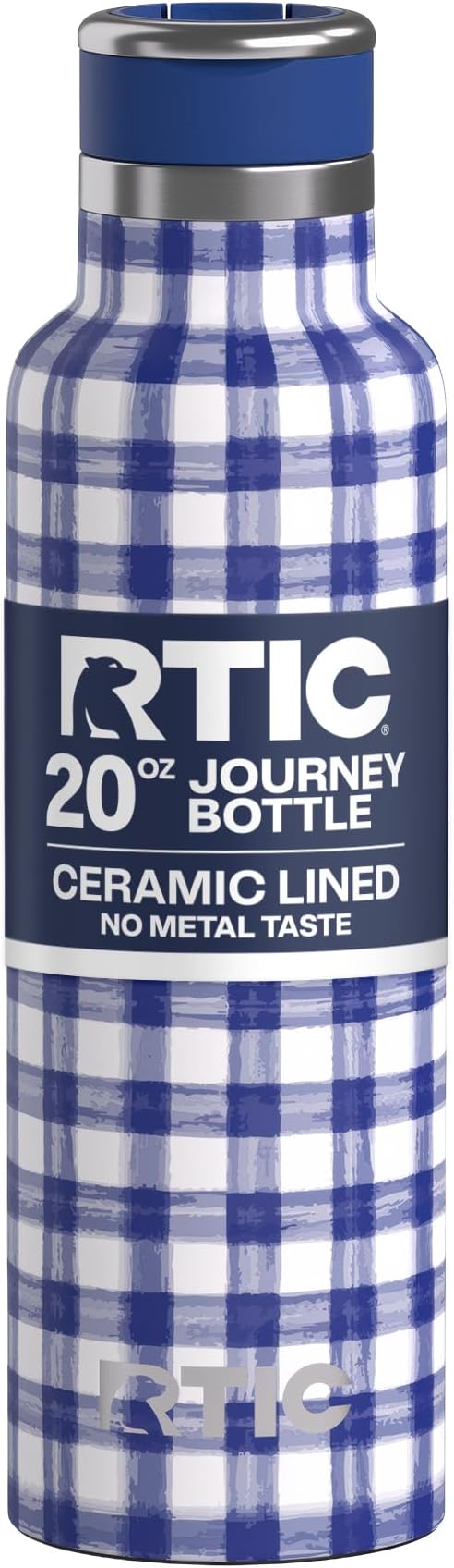 RTIC 20oz Journey Water Bottle Ceramic Lined Metal Stainless Steel Vacuum Insulated, BPA Free, Reusable, for Water, Hot and Cold Drinks, Travel, Sports, Camping, Cobalt Gingham
