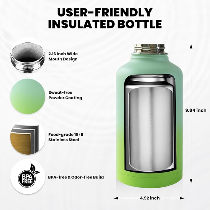 RAYMYLO Insulated Water Bottle 64 oz, Triple Wall Vacuum Stainless Steel | (Cold for 48 Hrs), Leak Proof & Non-BPA, Half Gallon Water Flask Jug with Paracord Handle & Straw Spout Lids