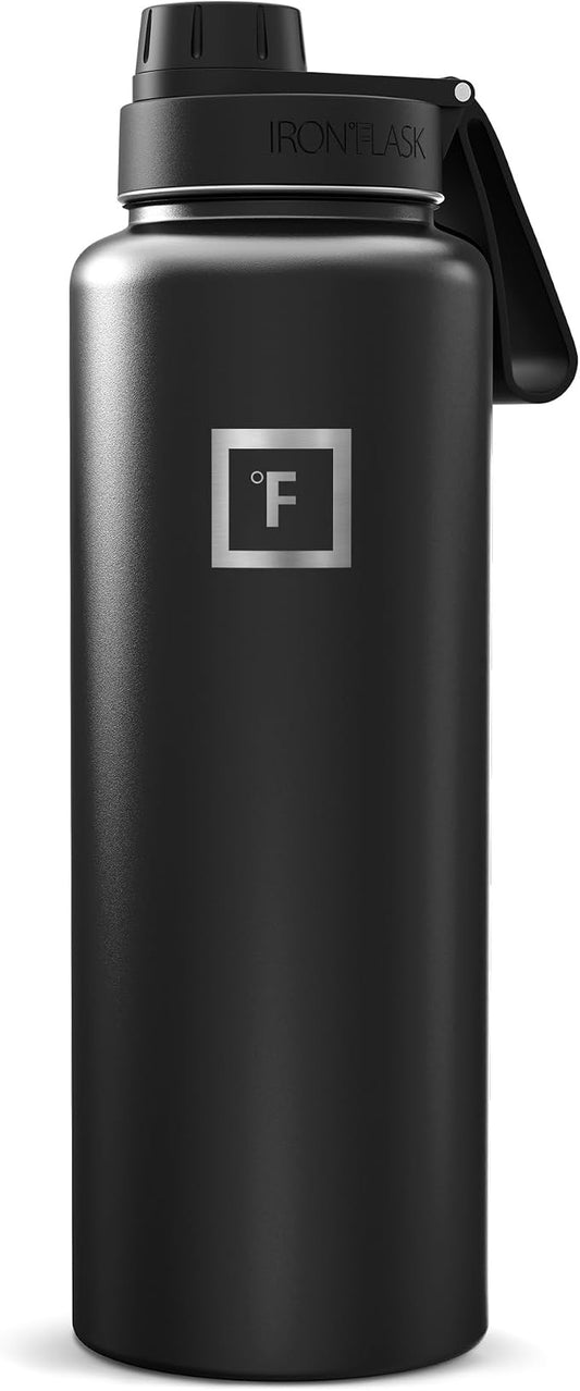IRON °FLASK 40 oz Wide Mouth Water Bottle with Spout | Insulated Stainless Steel Sports Water Bottle with Leakproof Spout Lid - BPA Free, Cold 24 Hrs, Sweat Free (Midnight Black)