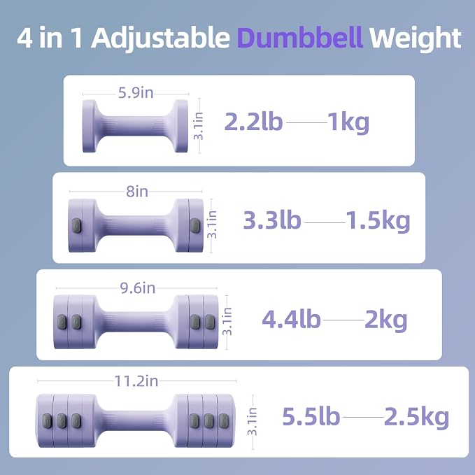 Lightweight Adjustable Dumbbell Kettlebell Set - 4 in 1 Free Weight Set with Kettlebell Grip Converter, Each 2.2 3.3 4.4 5.5lb Quick Change Weight Women Dumbbell Set for Small Spaces Home Gym