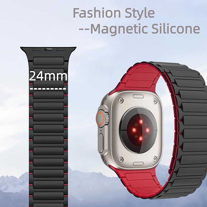Magnetic Band Compatible with Apple Watch Ultra 3/2/1 Band for Men 38mm 40mm 41mm 42mm, Silicone Sport Waterproof Loop Strap Magnet Link for iWatch Series SE 11 10 9 8 7 6 5 4 3 2 1(BlackRed)