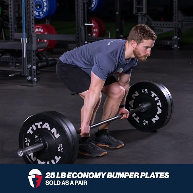 Titan Fitness Economy Series Black Olympic Bumper Plates, Durable Rubber Exterior with Steel Core, Weightlifting and Strength Training Weight Plate