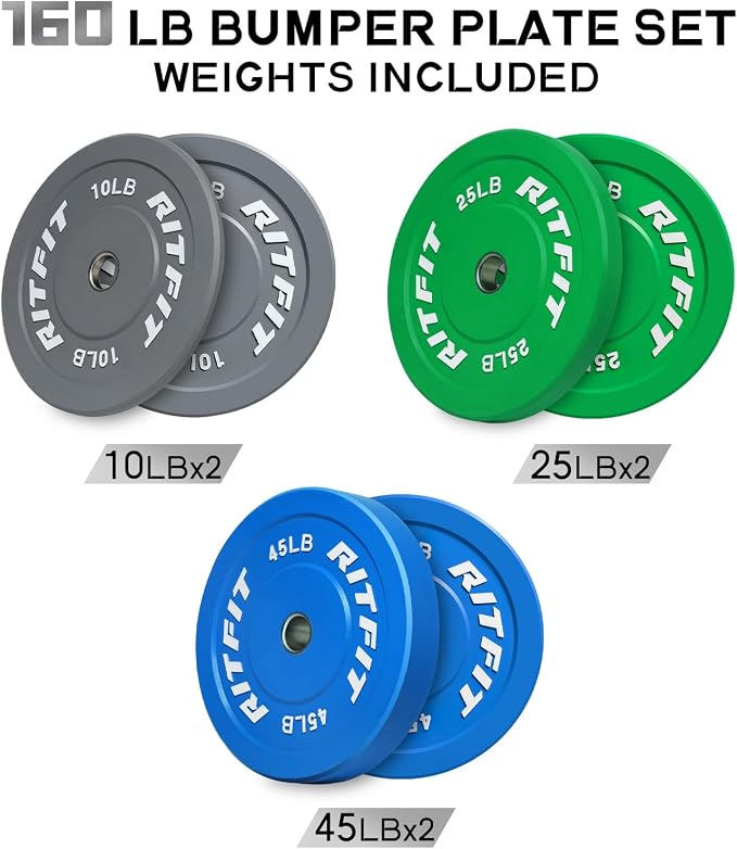 RitFit Color Coded Bumper Plate, Olympic Bumper Plate for Barbell, 2-Inch Bumper Weight Plates With Steel Insert, rubber weight plates for Strength Training in Home Gym