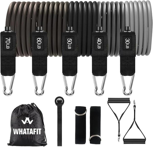 WHATAFIT Resistance Bands with Handles, 5-Level Exercise Bands for Workout | Natural latex,10-50 lbs, stackable to 150,Ankle Straps, Door Anchor,Guide. For Strength, Yoga,Home Gym,Travel & Workout.