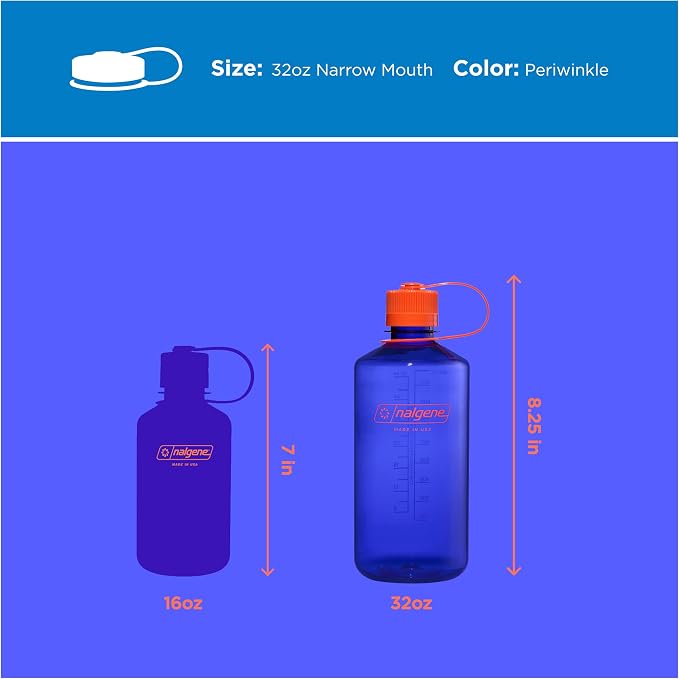Nalgene 32 oz Narrow Mouth Water Bottle, Periwinkle | BPA-Free, Durable & Lightweight, Leak Proof, Dishwasher Safe, Large Reusable Plastic Bottle for Hiking, Gym, Work & Travel