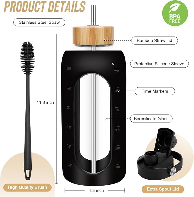 FULBEVY Glass Water Bottles 64 oz - Half Gallon Large Motivational Daily Water Intake Bottle Time Marker - Glass Water Bottle With Straw, Silicone Sleeve 2 Lids, Handle Spout & Bamboo Lid(Black)