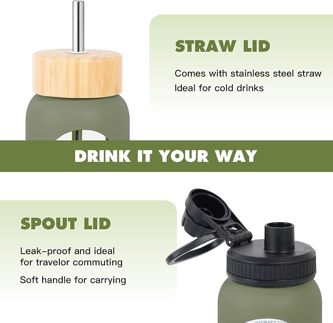 32oz Glass Water Bottle with Time Marker, 2 Lids-Handle Spout Lid & Bamboo Straw Lid, 1 Liter Motivational Borosilicate Water Bottle for Gym, Office, Travel (Green)
