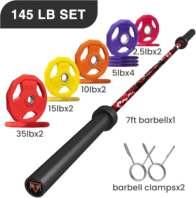 7FT Olympic Barbell Bar with Weight Plate Set Combo, Solid Olympic Bar with Bearings, 700Lbs Capacity Weight Bar for Home Gym Strength Training, Weightlifting, Powerlifting, Fit for 2" Olympic Plates