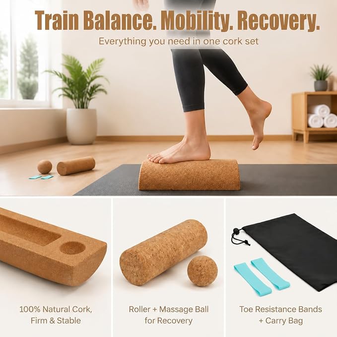 Cork Balance Board, 4-in-1 Foot Massage & Balance Trainer Set with Foot Roller, Massage Ball and Toe Resistance Bands, Foot and Ankle Strengthener Kit for Runners, Yoga and Mobility