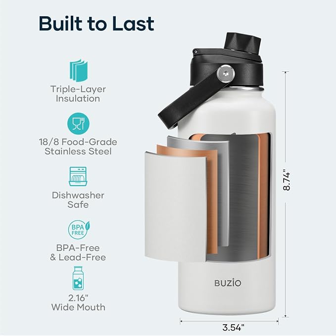 BUZIO Insulated Stainless Steel Water Bottle 32 oz with Straw & Spout Lids | Triple Wall Insulated Tumbler (Dishwasher Safe) ,Cold for 48 Hrs/Hot for 24 Hrs, Leakproof, BPA-free, for Sports, Gym, School