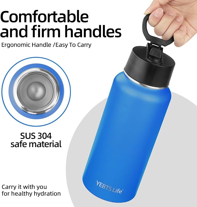 Insulated Water Bottle With Straw,32 oz Vacuum Insulated Stainless Steel Sports Water Flask,Keeps Cold and Hot,Metal Water Bottle Wide Mouth for Gym Travel Camping (Ocean blue)