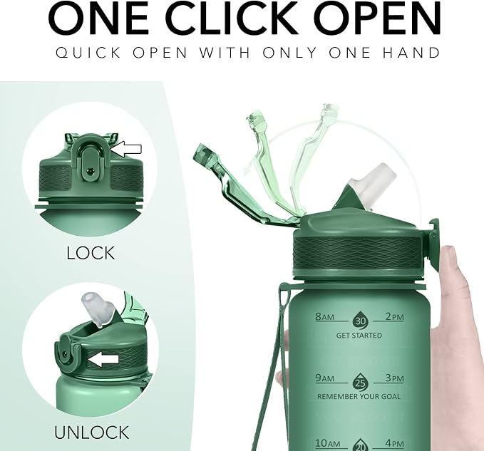 Hyeta Plastic Water Bottle With Straw & Time Marker, 32oz Leakproof Jug | Motivational Tritan BPA Free Gym Office Outdoor Intake Tracker Hourly Reminder Straw Lid Lightweight