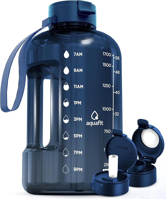 AQUAFIT Half Gallon Water Bottle with Time Marker | BPA Free Half Gallon Water Bottle with Straw and Chug Lids - Leakproof Gym Water Bottle with Carry Handle (Nebula)