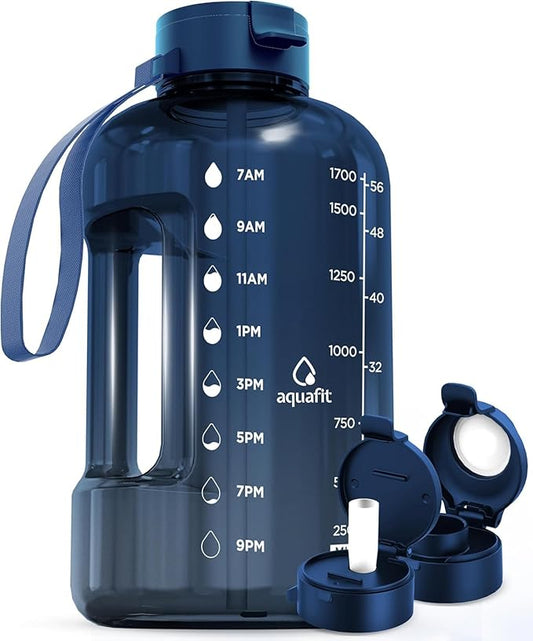 AQUAFIT Half Gallon Water Bottle with Time Marker | BPA Free Half Gallon Water Bottle with Straw and Chug Lids - Leakproof Gym Water Bottle with Carry Handle (Nebula)