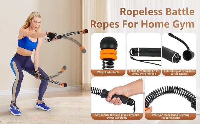 2 PCS Cordless Battle Ropes – Wireless & Ropeless Battle Ropes for Home Gym with Bag & Gloves, Adjustable Resistance & Non-Slip Handle, Low-Noise Exercise Rope for HIIT, Arm Toning & Cardio (Black)