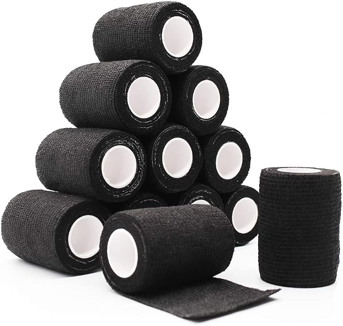 12 Rolls Elastic Self Adhesive Bandage Wrap 3 Inch, Breathable Non Woven Cohesive Bandage, Vet Wrap for Dogs, Ankle Sprains Swelling Tape, Sports Athletic Tape Black