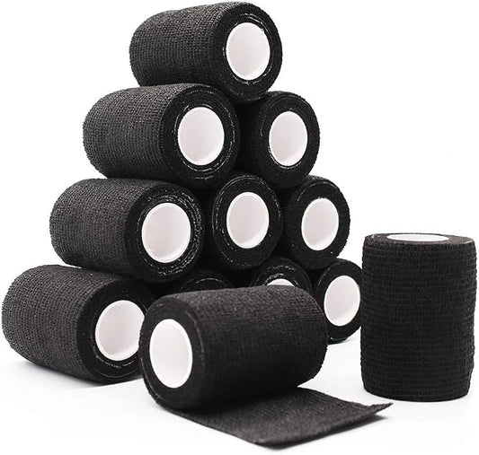 12 Rolls Elastic Self Adhesive Bandage Wrap 3 Inch, Breathable Non Woven Cohesive Bandage, Vet Wrap for Dogs, Ankle Sprains Swelling Tape, Sports Athletic Tape Black