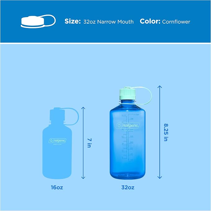 Nalgene 32 oz Narrow Mouth Water Bottle, Cornflower Blue | BPA-Free, Durable & Lightweight, Leak Proof, Dishwasher Safe, Large Reusable Plastic Bottle for Hiking, Gym, Work & Travel