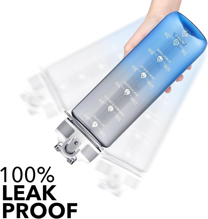 Hyeta Plastic Water Bottle With Straw & Time Marker, 32oz Leakproof Jug | Motivational Tritan BPA Free Gym Office Outdoor Intake Tracker Hourly Reminder Straw Lid Lightweight