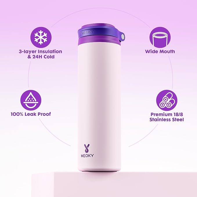 Meoky 24 oz Insulated Water Bottle: Flip-to-Pop Straw, Leak Proof, 24H Cold, Fits in Car Cup Holder, Wide Mouth, BPA-Free, Stainless Steel Water Bottle for Women Teen Girls, Dreamy Field