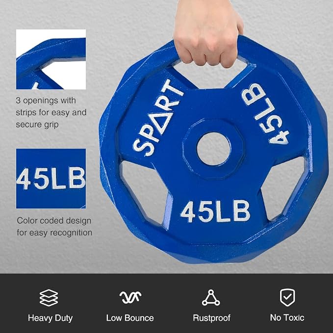 SPART Color Coded Weight Plate 2-Inch Cast Iron Tri-Grip Plate for Barbell,Solid Cast Iron Olympic Weight Plates for Strength Training, Weightlifting, Crossfit, 2.5/5/10/15/25/35/45LB, Single/Pair/Set