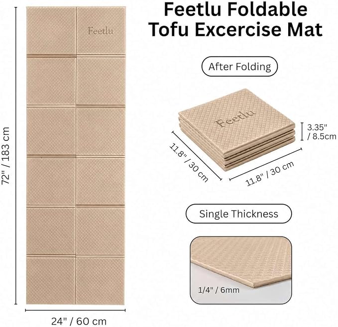 Foldable Yoga Mat, 6mm Thick, 72L x 24W Inch, Lightweight, Anti-Slip, and Easy to Store – Perfect for Travel, Yoga, Pilates, Home Workouts, and Floor Exercises