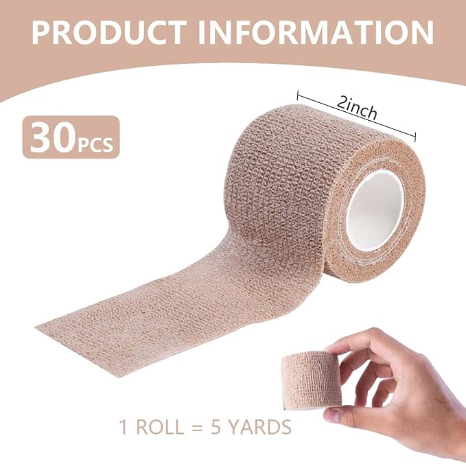 KISEER 30 Pack 2 Inch x 5 Yards Skin Self Adhesive Bandage Breathable Cohesive Bandage Wrap Rolls Elastic Self-Adherent Tape for Stretch Athletic, Sports, Wrist, Ankle