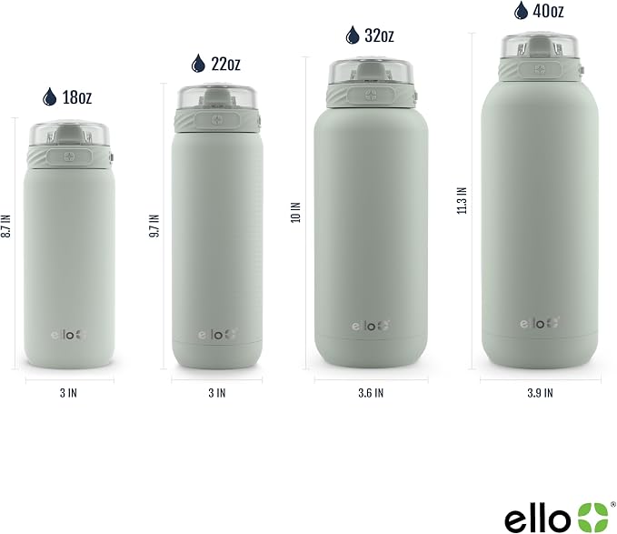 Ello Cooper 22oz Insulated Stainless Steel Water Bottle with Straw, Sage | Leakproof water bottle with straw and carry handle. BPA-free, keeps drinks cold 26 hours, great for gym, travel, and school.