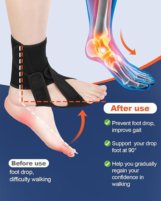 Foot Drop Brace Adjustable Foot Brace for Walking, Ankle Foot Orthosis Provide Foot Drop and Ankle Support, for Walking with Shoes, Socks, or Barefoot, for MS, TBI, Stroke, Use Day & Night, Includes a Massage Ball