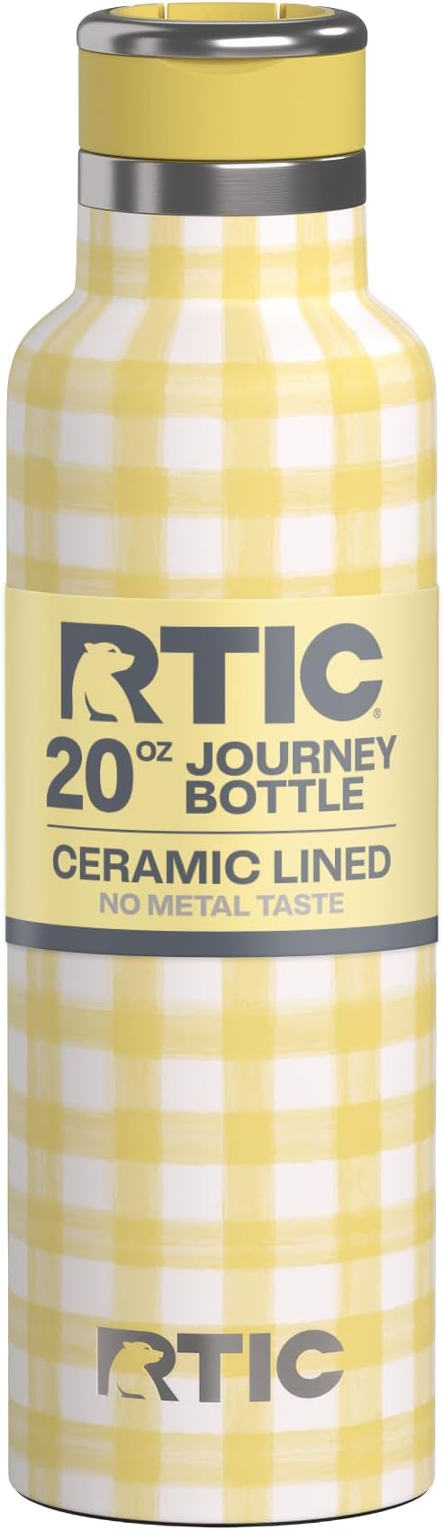 RTIC 20oz Journey Water Bottle Ceramic Lined Metal Stainless Steel Vacuum Insulated, BPA Free, Reusable, for Water, Hot and Cold Drinks, Travel, Sports, Camping, Sunlight Gingham