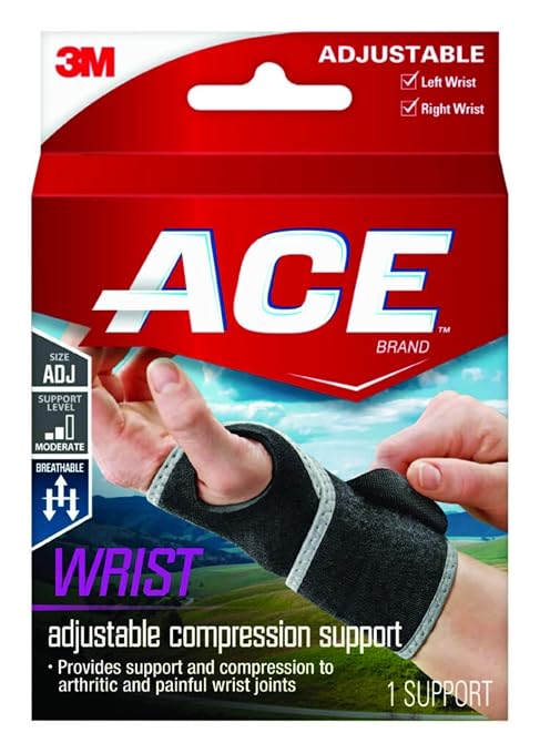 ACE Brand Adjustable Compression Wrist Support, Moderate Support for Weak, Sore or Injured Joints, Wrist Support Conforms to Wrist, One Size Fits Most