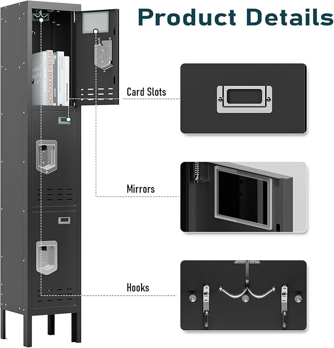 BUTISOW 3 Door Employee Metal Locker w/Card Slot for School Gym Office | Ventilated Metal Steel Locker with Mirror & Multi Hooks for Secure Storage