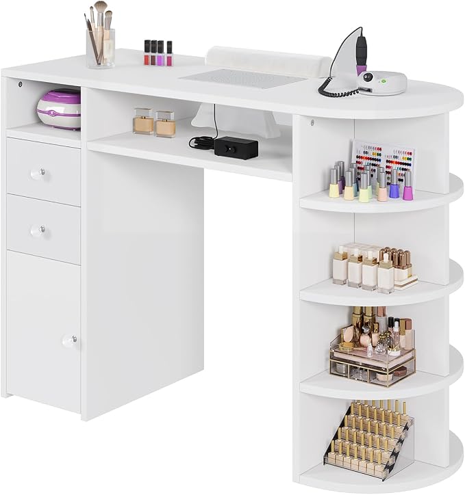 Nail Desk with Dust Collector & Power Outlet, Manicure Table with Display Rack,Professional Salon Station with Drawers and Cabinet,Acetone Resistant Top, Nail Table with Wrist Cushion for Nail Salon