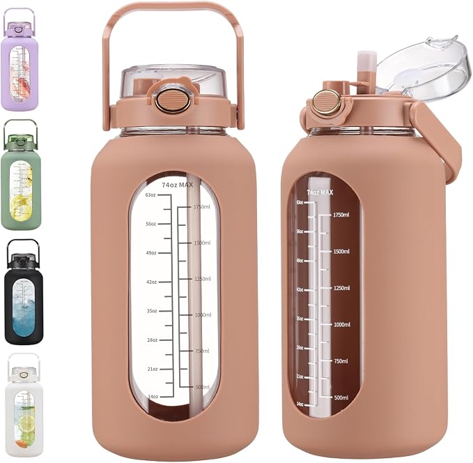 chunmo 74 oz Glass Water Bolttles with Straw Large Motivational Water Bottle with Time Marker Sports Water Bottles with Silicone Sleeve and Handle Lid 2.2L Water Jug for Gym Workout