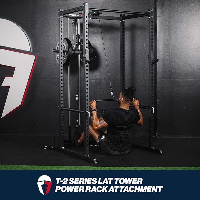 Titan Fitness T-2 Series 71" LAT Pulldown and Low Row Attachment, Plate-Loaded 300 LB Capacity, Space Saving Rack Mounted LAT Pulley Tower, Includes LAT Pulldown and Low-Row Handle