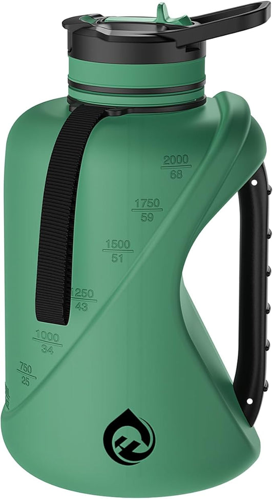 2.2L Half Gallon Water Bottle with Straw & Chug Lid, Dishwasher Safe BPA-Free PP Plastic Jug, Heavy Duty Leakproof Gym Bottle with External Handle & Carrying Strap, Motivational Oz/ML Marker