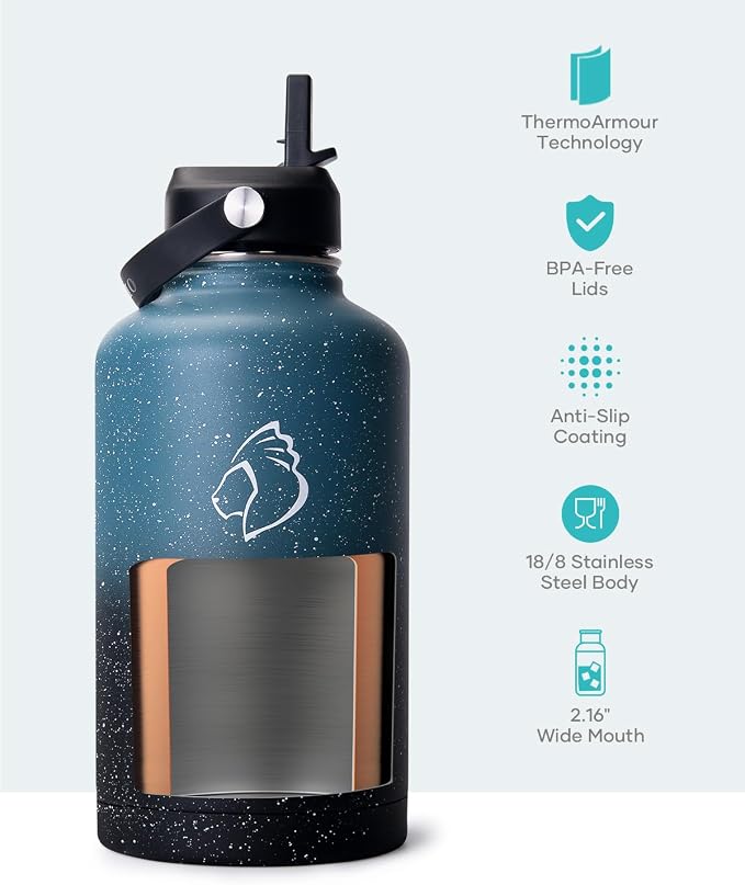 BUZIO 64 oz Insulated Stainless Steel Water Bottle with Dust-proof Lids | Half Gallon Water Jug (Dishwasher Safe), Cold for 48 Hrs, Triple Wall with Copper Plating, for Gym, Hiking, Camping, Black