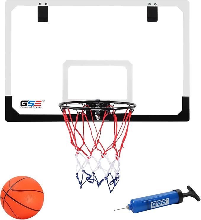 GSE Over-The-Door Basketball Hoop with Basketball & Pump, for Home & Office | Wall-Mounted Basketball Hoop Complete Accessories, Clear Impact-Resistant PC Backboard, PVC Basketball, Several Style Choice