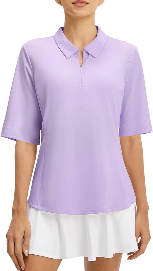 baleaf Womens Golf Shirts Half Sleeve Elbow Length Polo Tops | Stretch, Sun Protection UPF 50+, Quick Dry, Breathable, Moisture Wicking, Quarter Zip V Neck, Ideal for Golf Work Casual