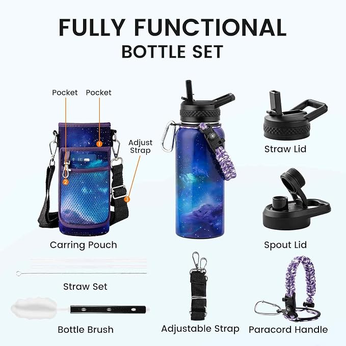 RAYMYLO Insulated Water Bottle 32 oz, Triple Wall Vacuum Stainless Steel | (Cold for 24Hrs, Hot for 12Hrs), Leak Proof & Non-BPA, Modern Water Flask Jug with Paracord Handle & Straw Spout Lids